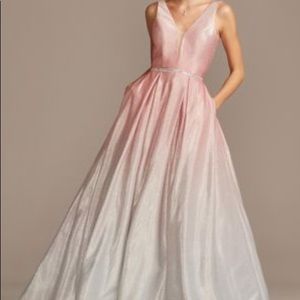 Pink and grey glitter ombré a line ball gown plunge v neck spaghetti tank strap